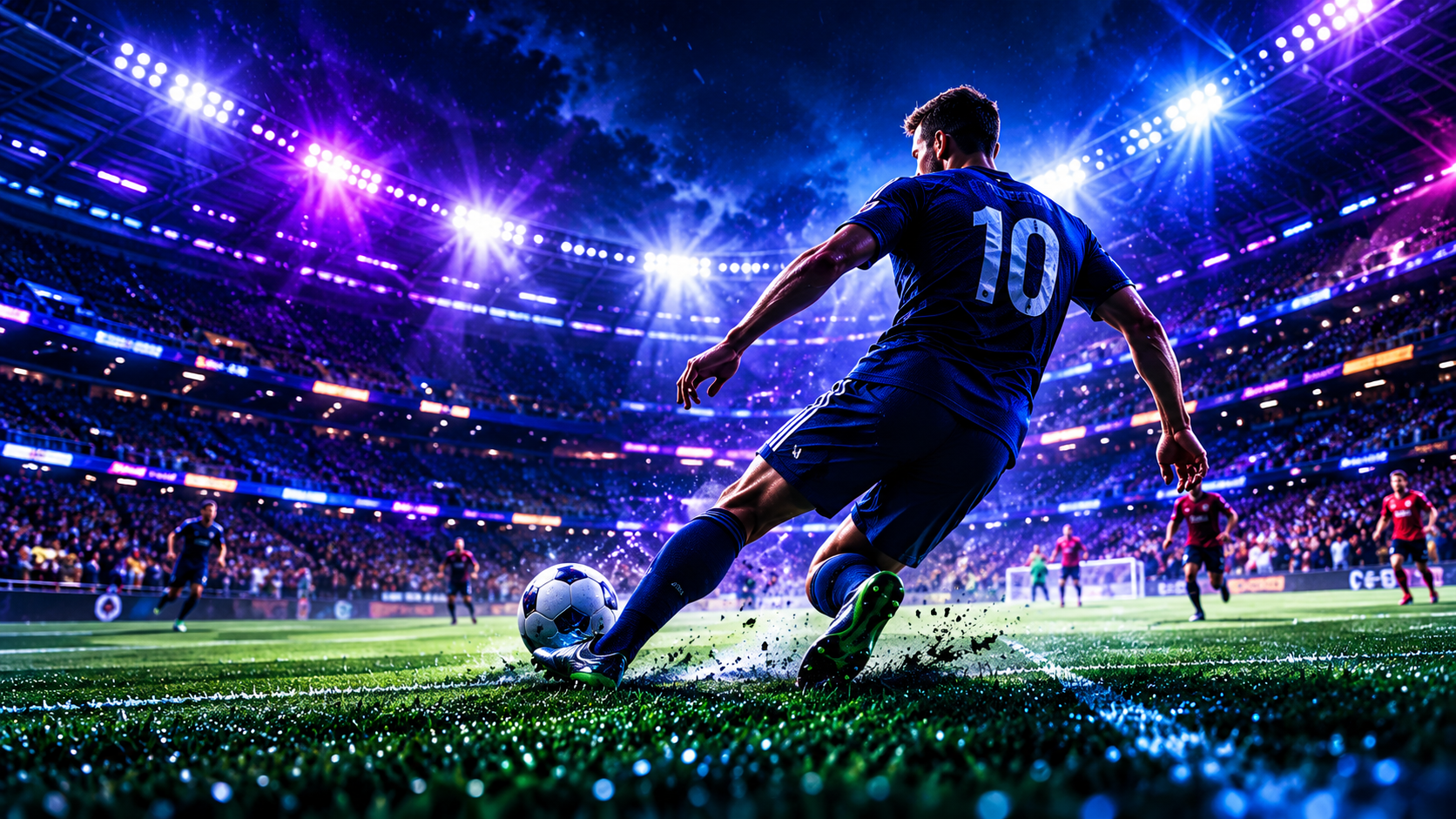 Footballer striking the ball in a floodlit stadium
